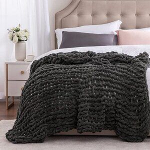 LUXURY Handmade Knitted Yarn Knit Blanket Dark Durable Soft Home Decor Gift NWT